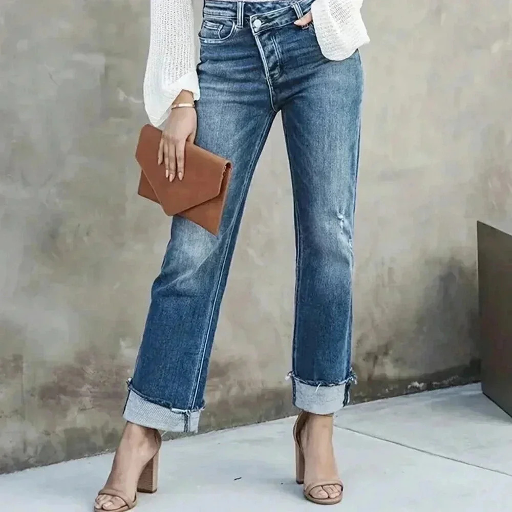 Blue Casual Women's High Waist Raw Cut Straight Leg Jeans